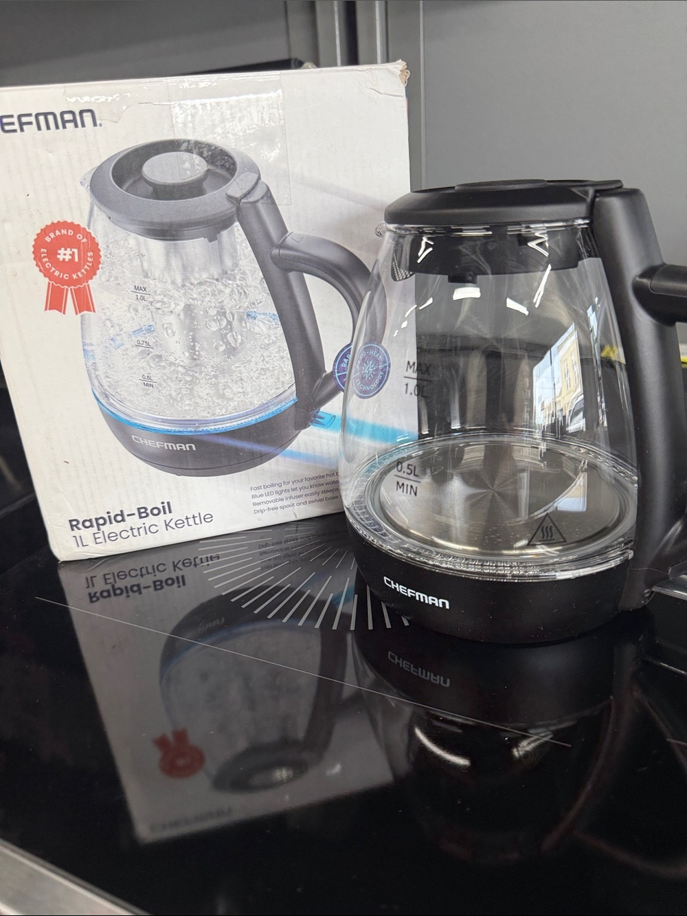 Chefman Black Glass Rapid-Boil Electric Kettle - 1L